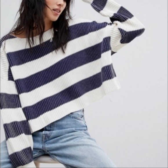 Free People Sweaters - Free People Just My Stripe Oversized Slouchy Cropped Sweater Navy White Small